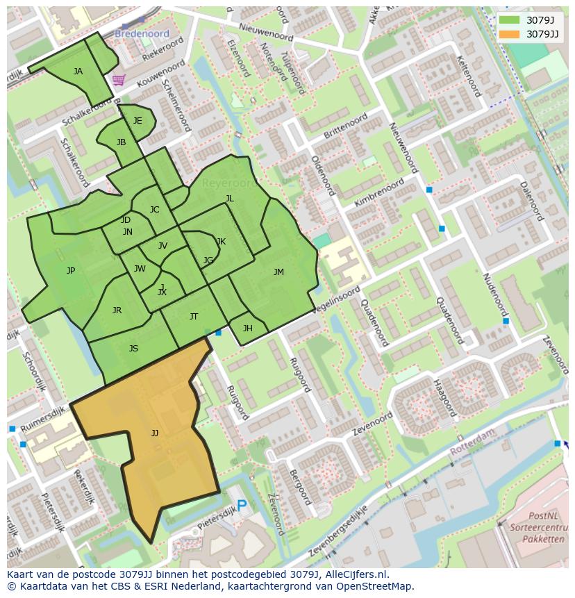 Afbeelding van het postcodegebied 3079 JJ op de kaart.