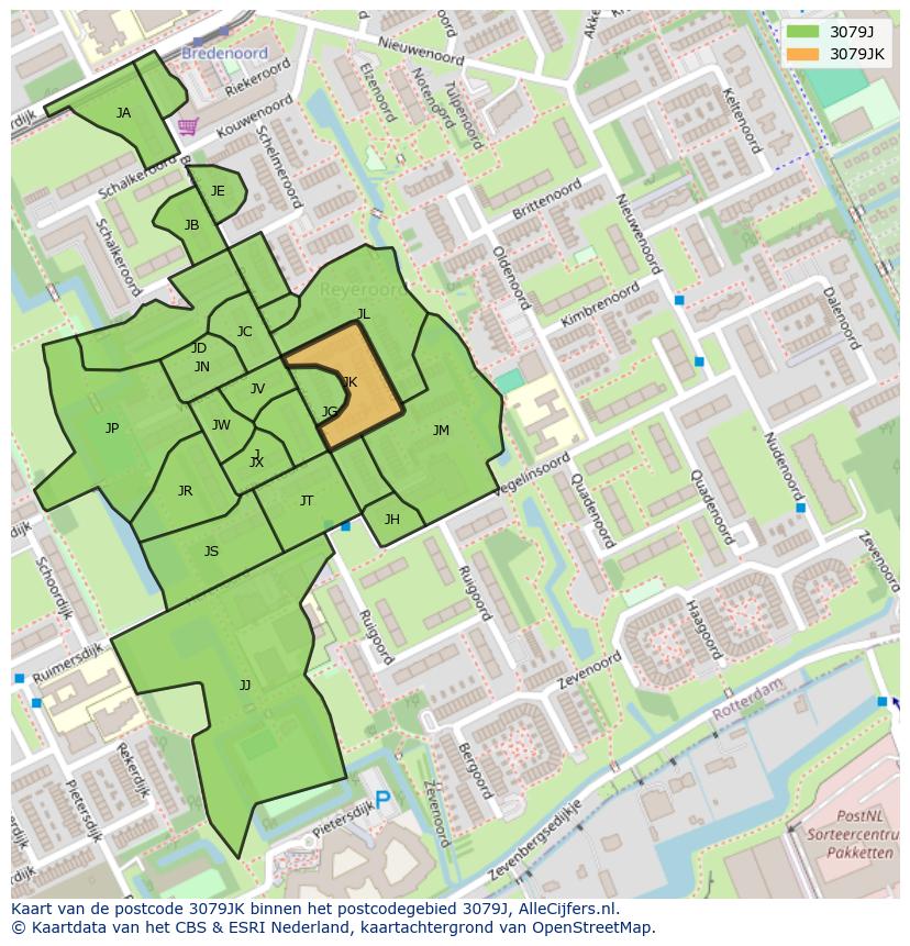Afbeelding van het postcodegebied 3079 JK op de kaart.