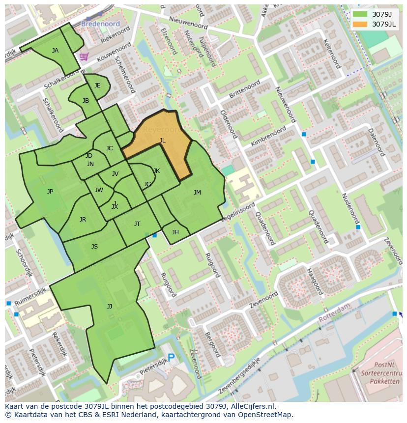 Afbeelding van het postcodegebied 3079 JL op de kaart.