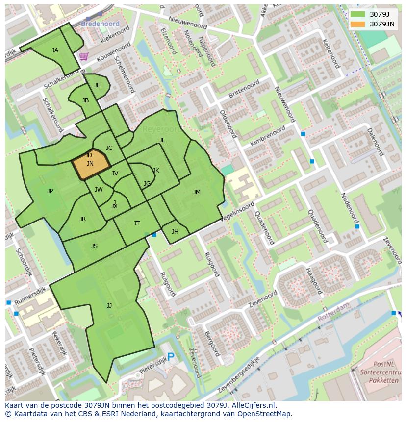 Afbeelding van het postcodegebied 3079 JN op de kaart.