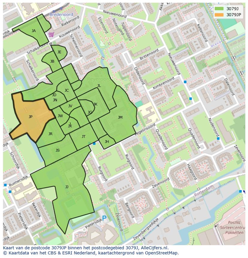 Afbeelding van het postcodegebied 3079 JP op de kaart.