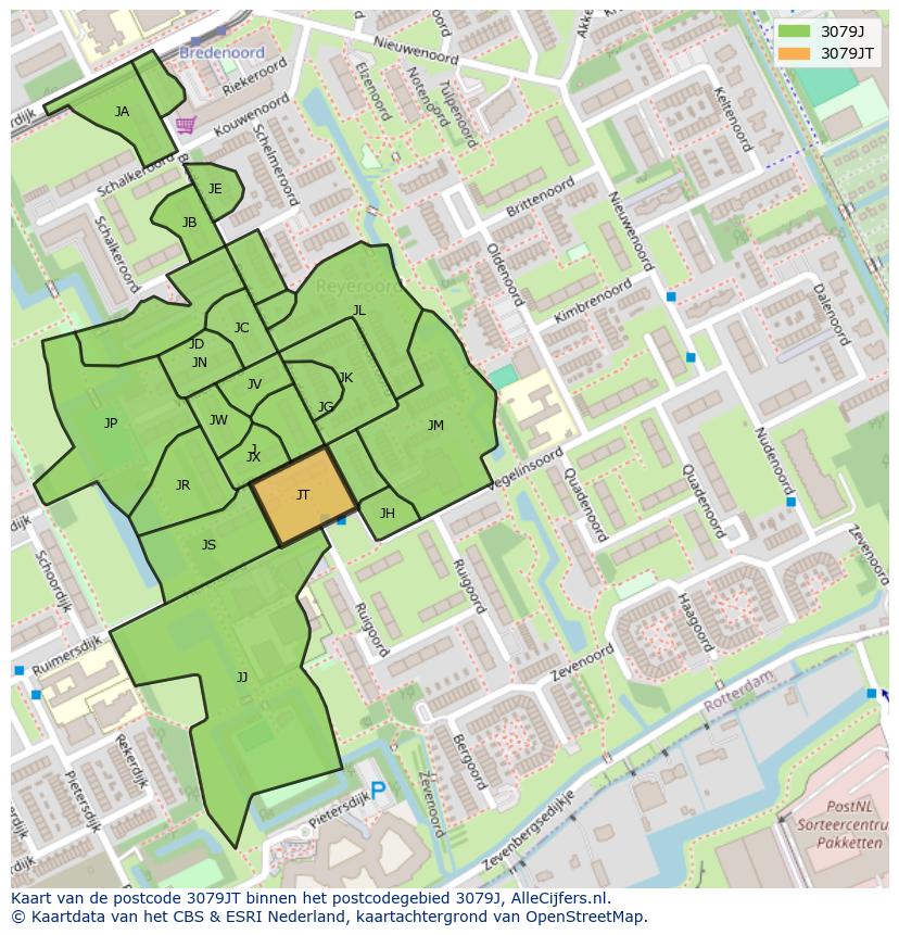 Afbeelding van het postcodegebied 3079 JT op de kaart.