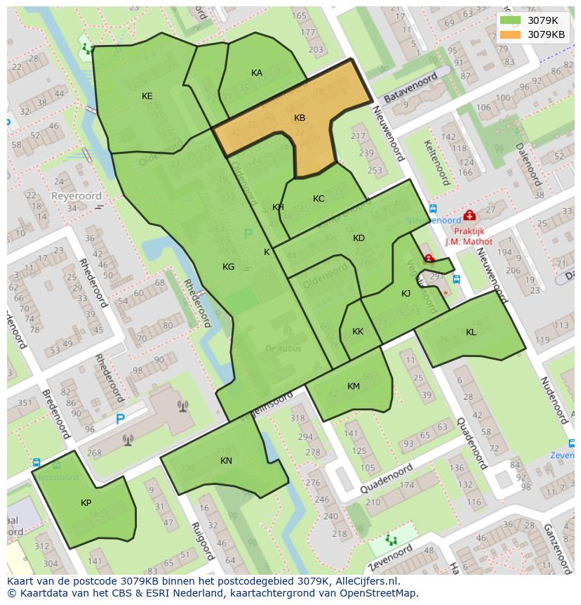 Afbeelding van het postcodegebied 3079 KB op de kaart.