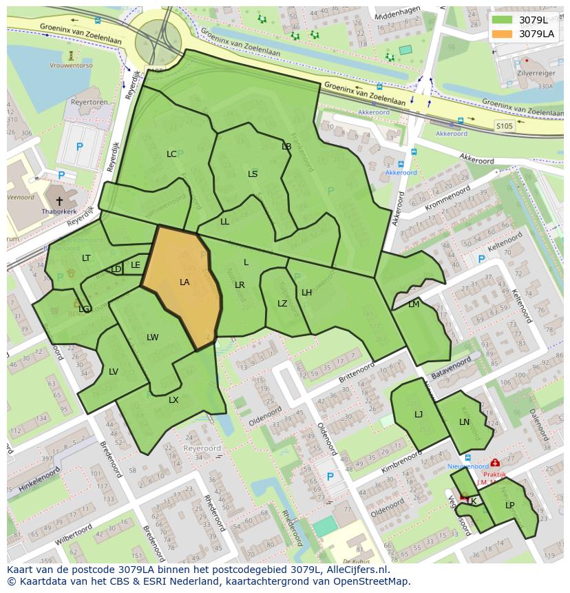 Afbeelding van het postcodegebied 3079 LA op de kaart.