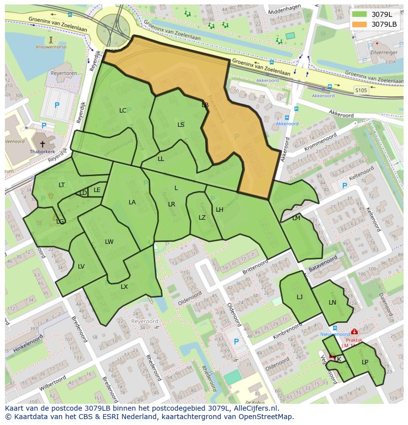 Afbeelding van het postcodegebied 3079 LB op de kaart.