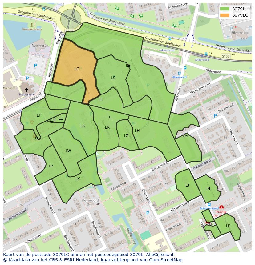 Afbeelding van het postcodegebied 3079 LC op de kaart.