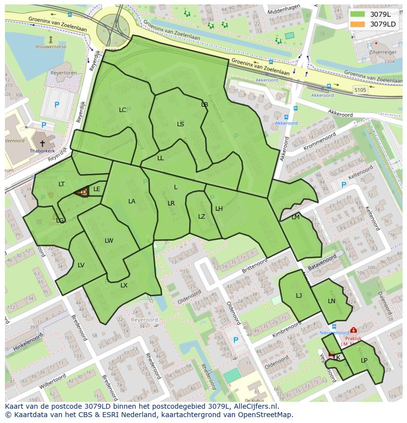 Afbeelding van het postcodegebied 3079 LD op de kaart.