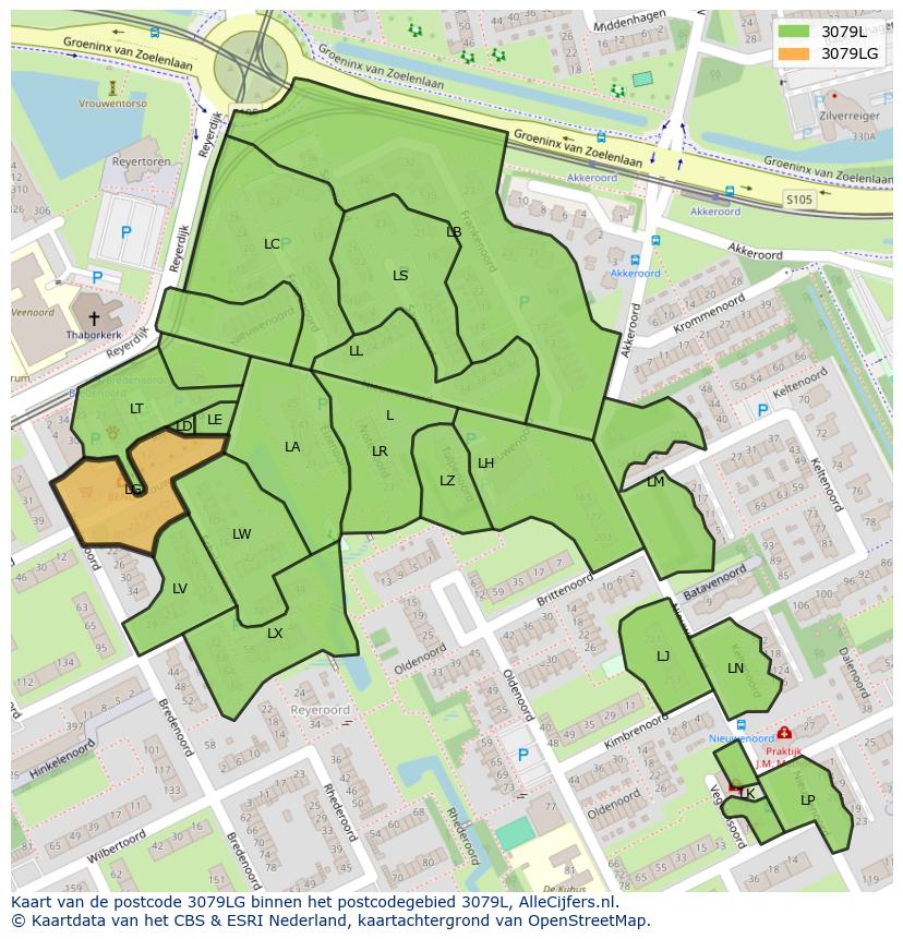 Afbeelding van het postcodegebied 3079 LG op de kaart.