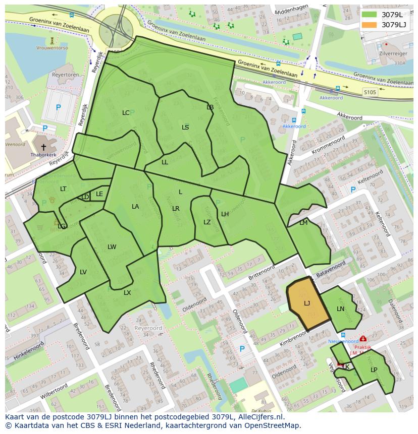 Afbeelding van het postcodegebied 3079 LJ op de kaart.