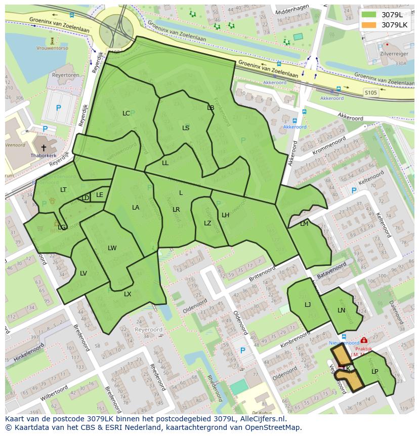 Afbeelding van het postcodegebied 3079 LK op de kaart.