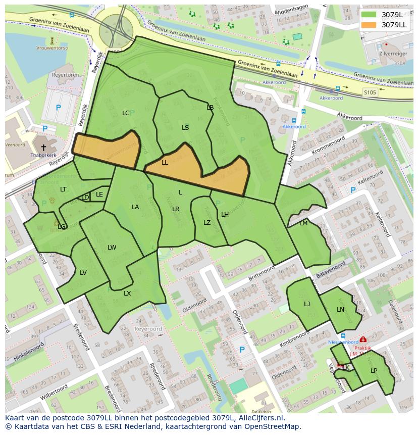 Afbeelding van het postcodegebied 3079 LL op de kaart.