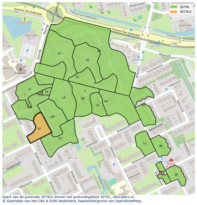 Afbeelding van het postcodegebied 3079 LV op de kaart.