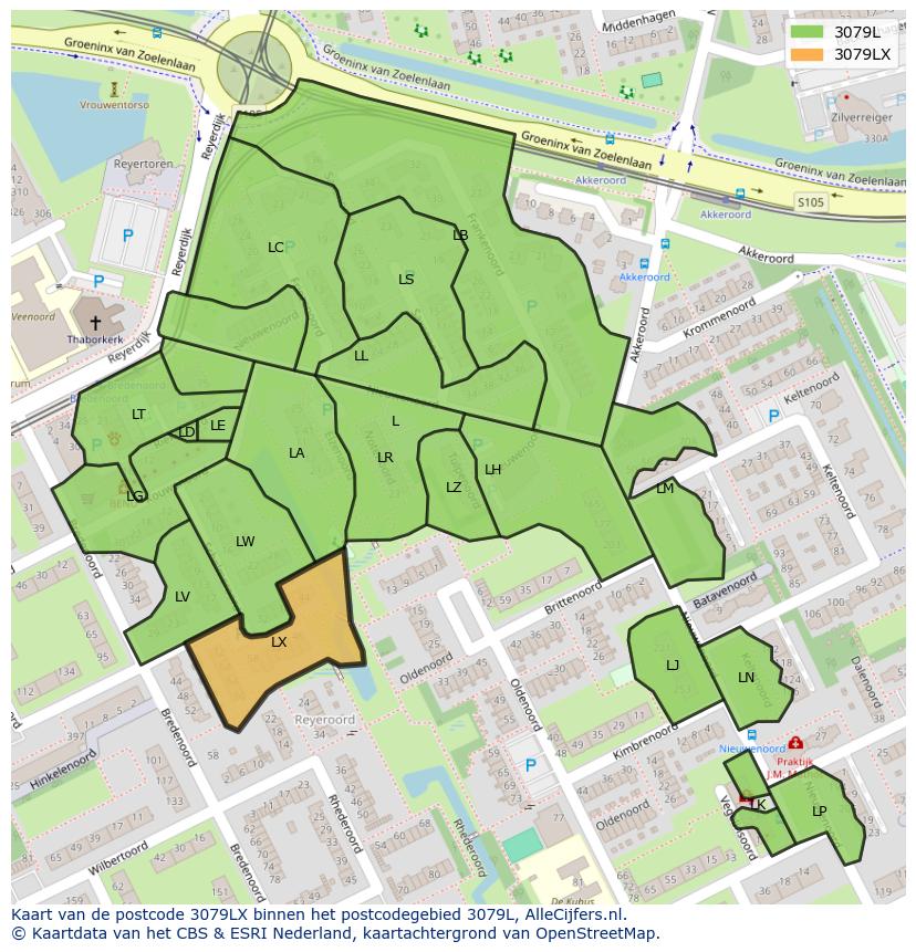 Afbeelding van het postcodegebied 3079 LX op de kaart.