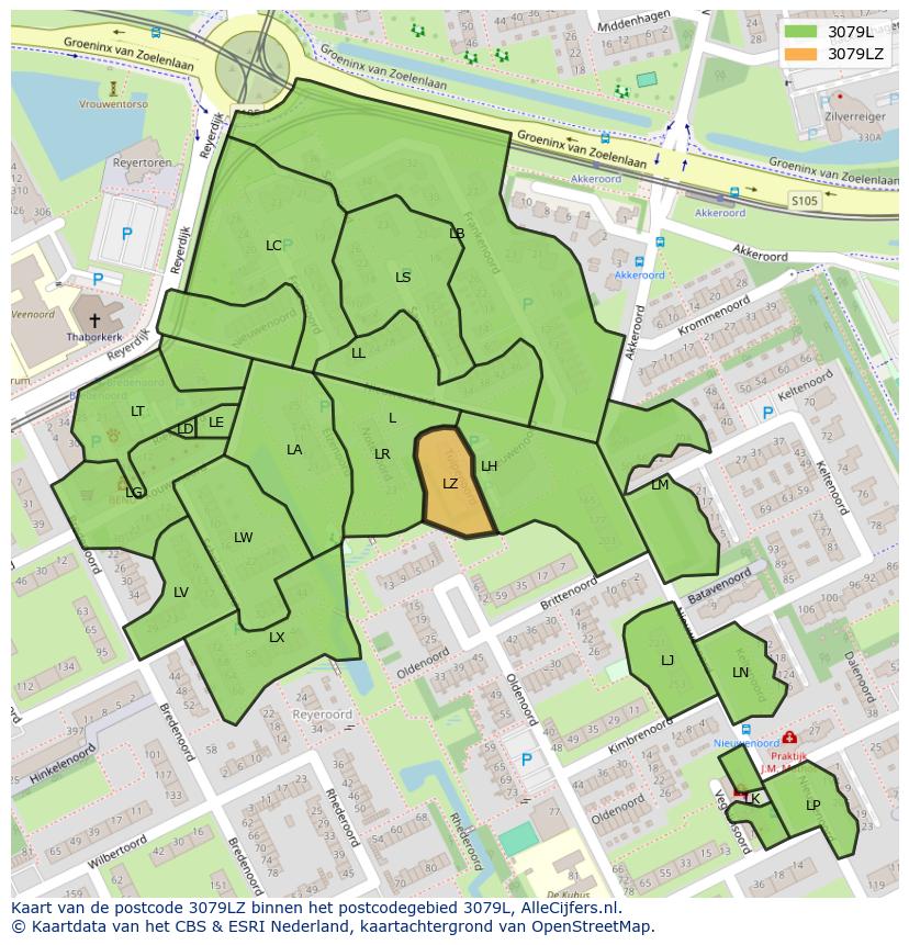 Afbeelding van het postcodegebied 3079 LZ op de kaart.