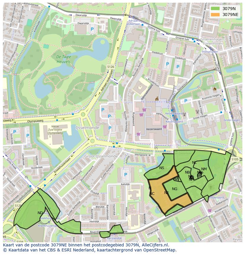 Afbeelding van het postcodegebied 3079 NE op de kaart.