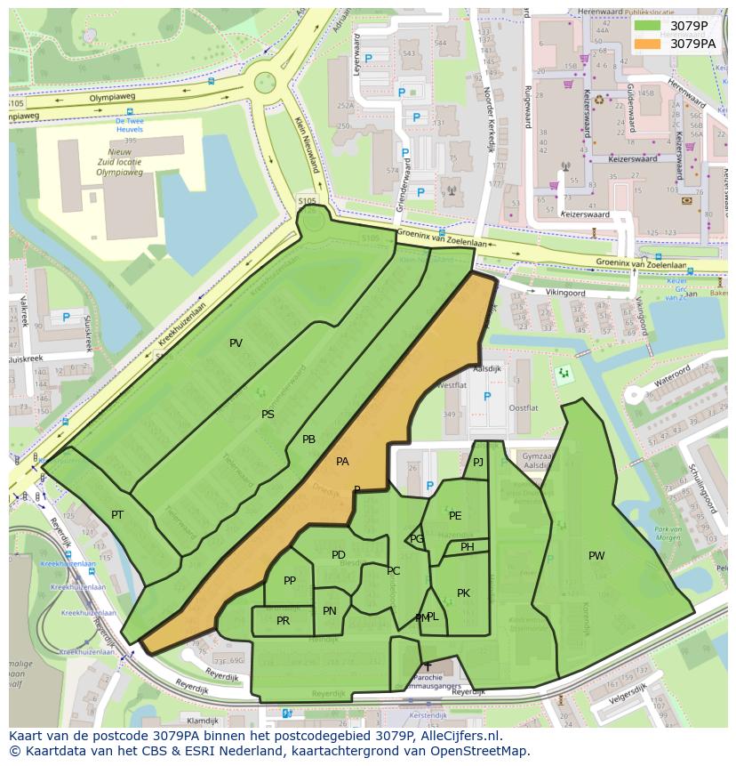 Afbeelding van het postcodegebied 3079 PA op de kaart.