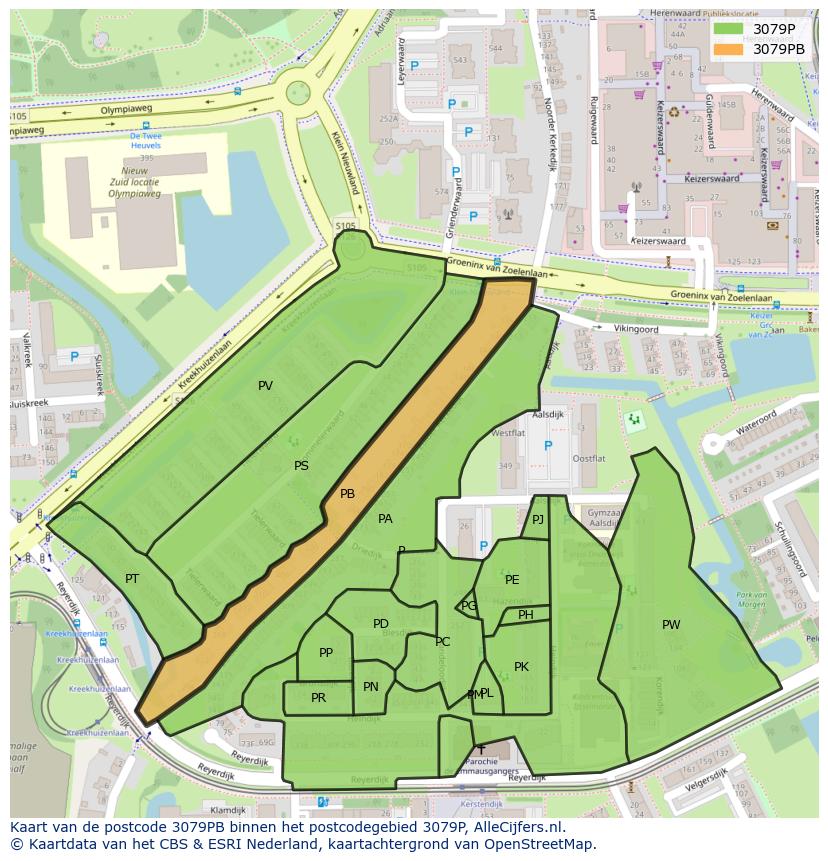 Afbeelding van het postcodegebied 3079 PB op de kaart.