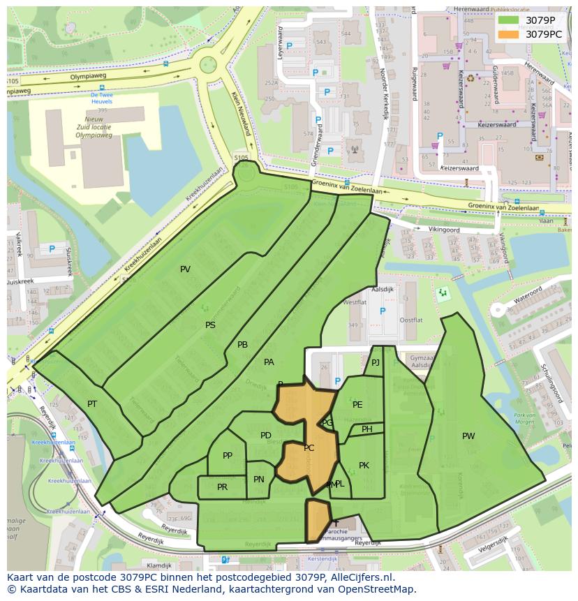 Afbeelding van het postcodegebied 3079 PC op de kaart.