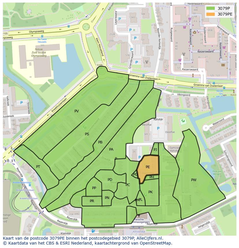 Afbeelding van het postcodegebied 3079 PE op de kaart.