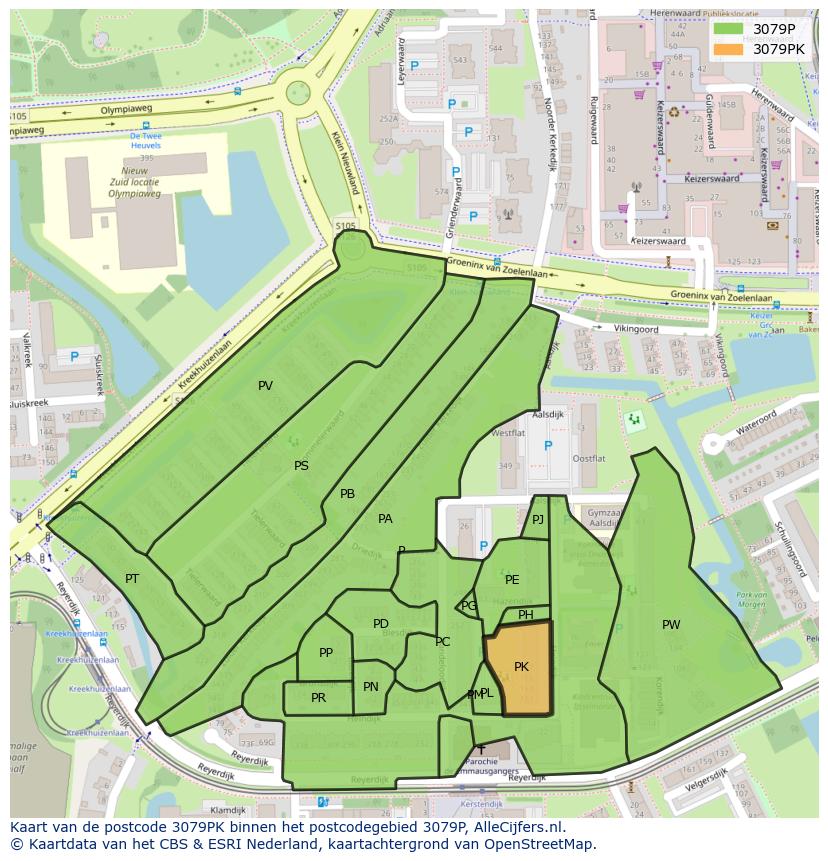 Afbeelding van het postcodegebied 3079 PK op de kaart.