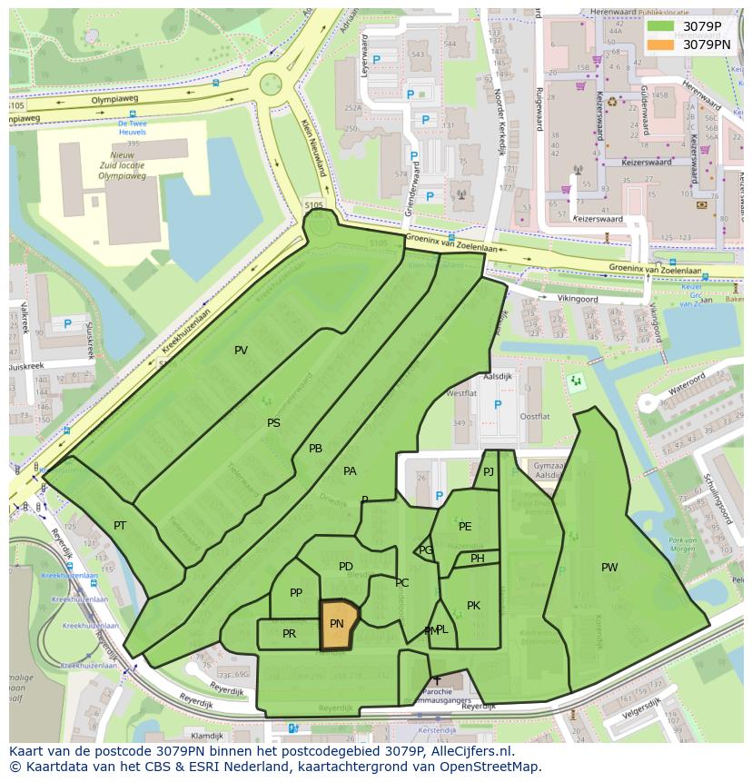 Afbeelding van het postcodegebied 3079 PN op de kaart.