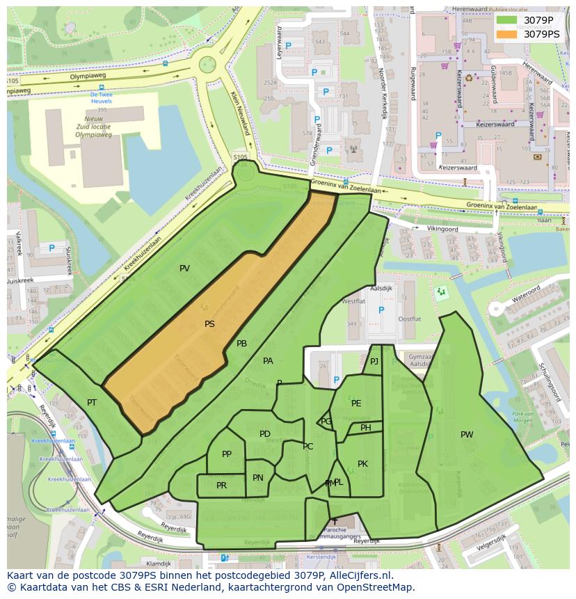 Afbeelding van het postcodegebied 3079 PS op de kaart.