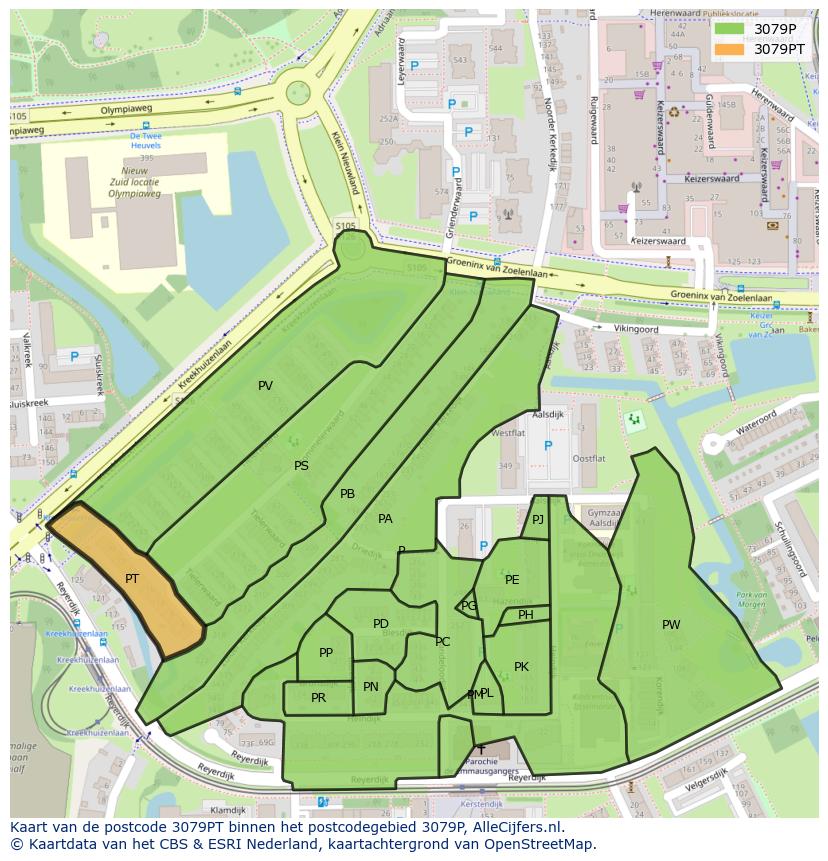 Afbeelding van het postcodegebied 3079 PT op de kaart.