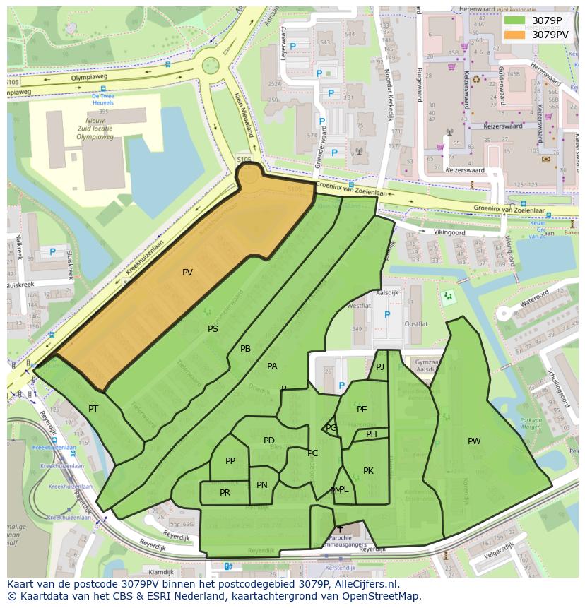 Afbeelding van het postcodegebied 3079 PV op de kaart.