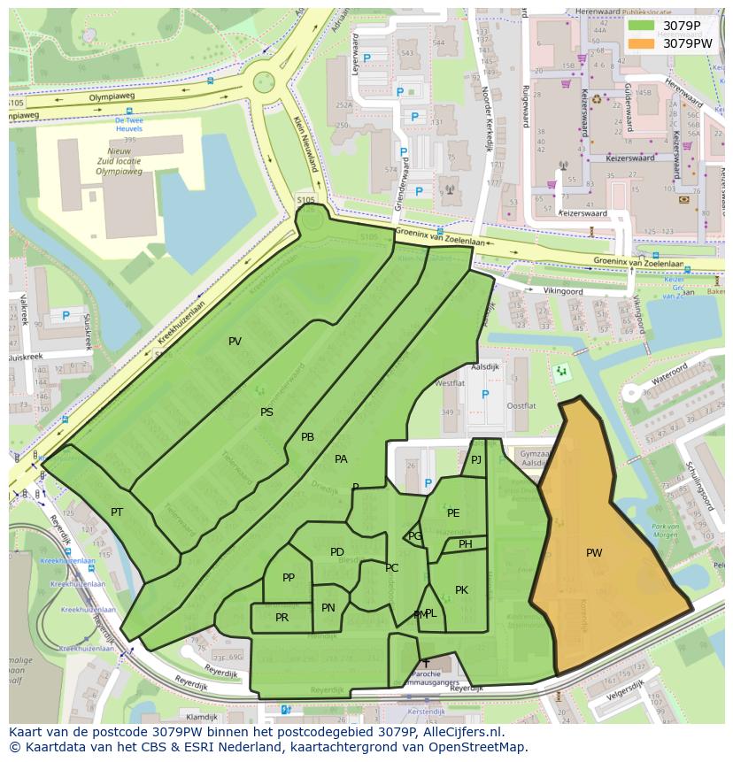 Afbeelding van het postcodegebied 3079 PW op de kaart.