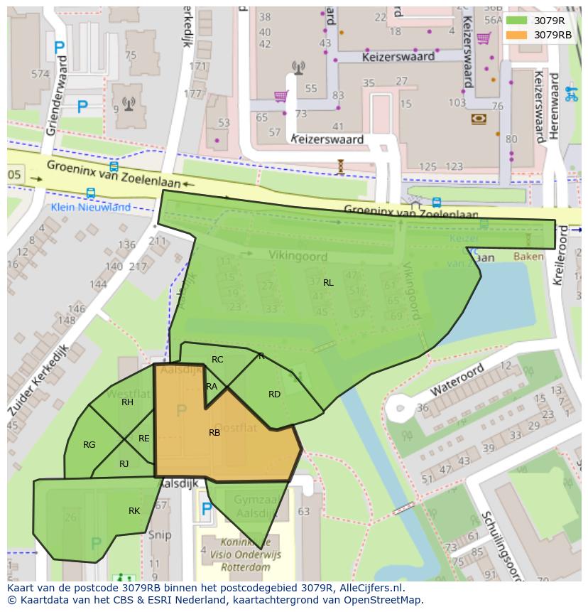 Afbeelding van het postcodegebied 3079 RB op de kaart.
