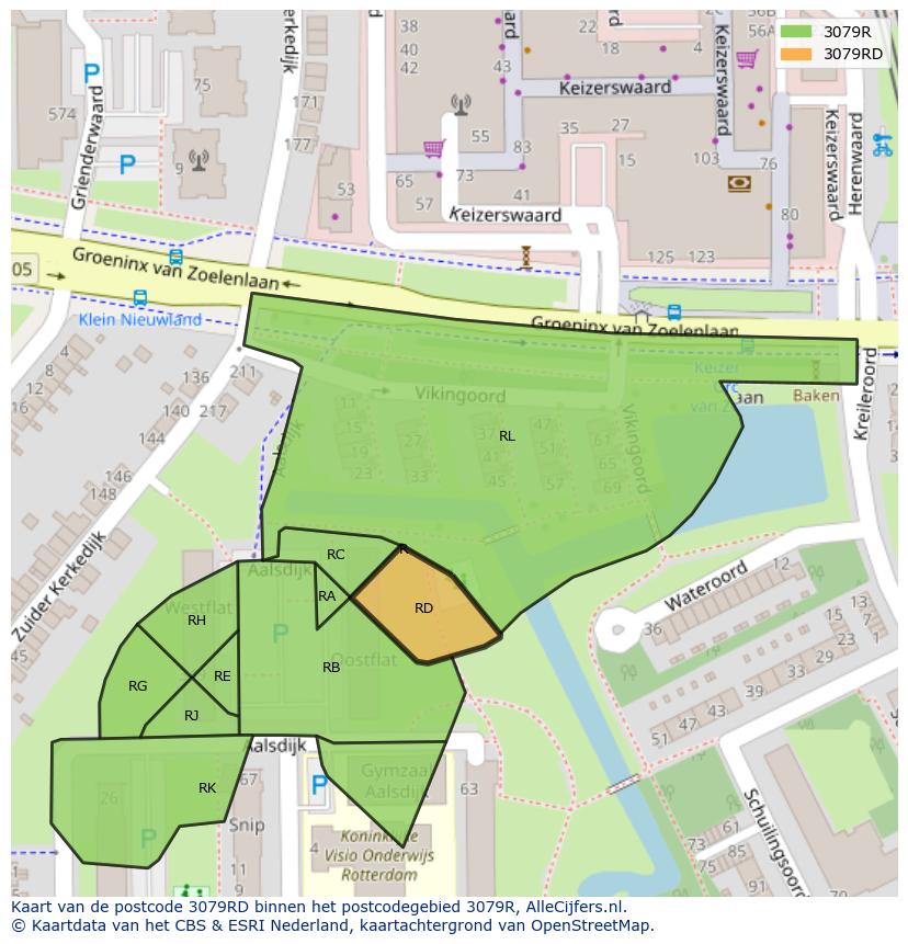 Afbeelding van het postcodegebied 3079 RD op de kaart.