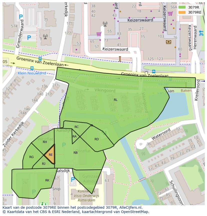 Afbeelding van het postcodegebied 3079 RE op de kaart.