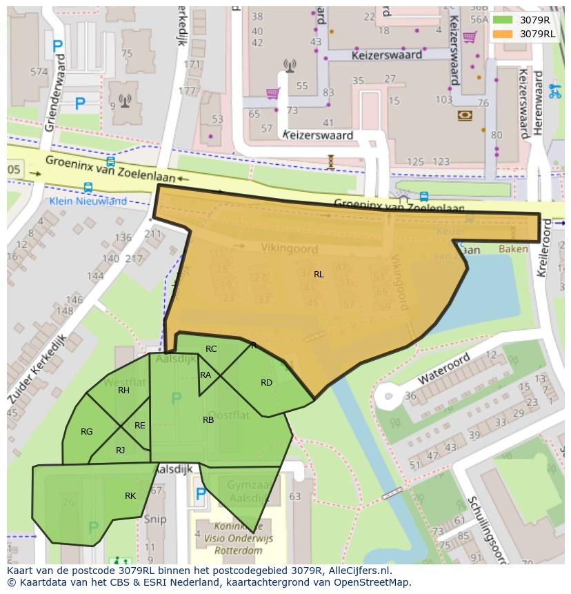 Afbeelding van het postcodegebied 3079 RL op de kaart.