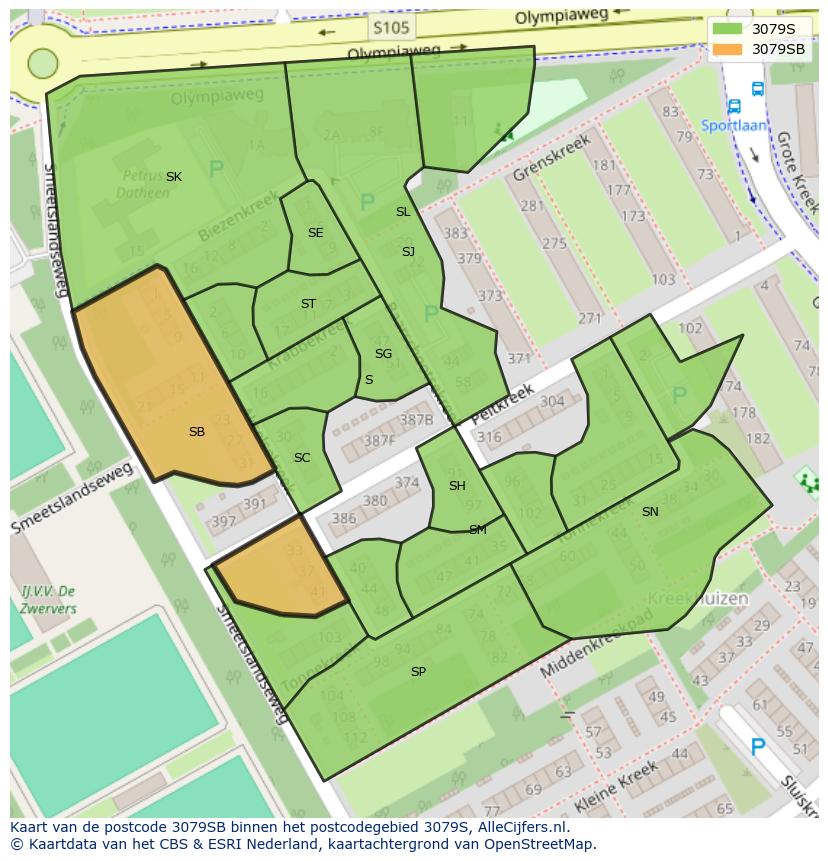 Afbeelding van het postcodegebied 3079 SB op de kaart.