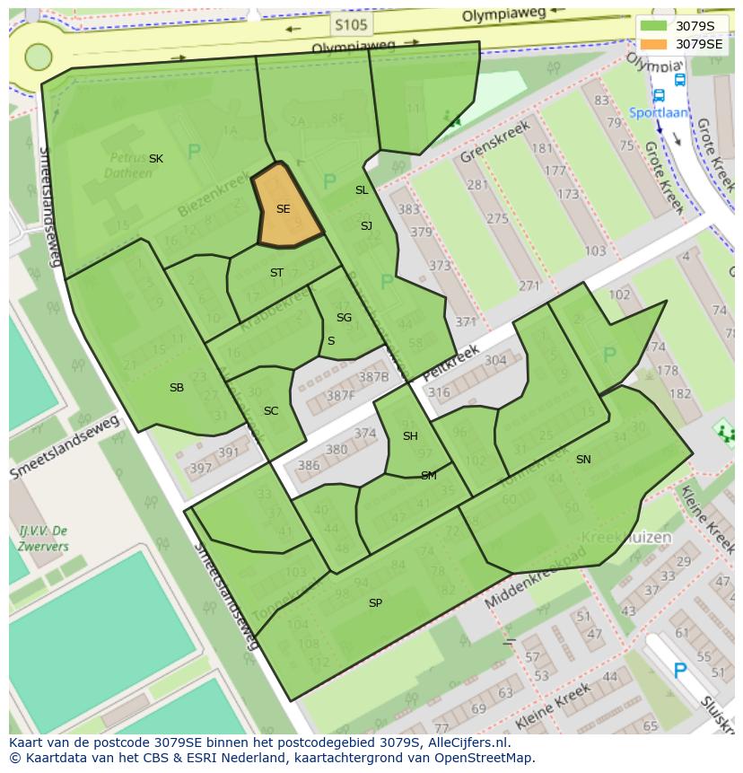 Afbeelding van het postcodegebied 3079 SE op de kaart.