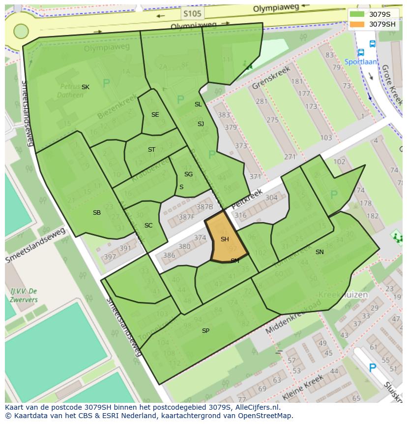 Afbeelding van het postcodegebied 3079 SH op de kaart.