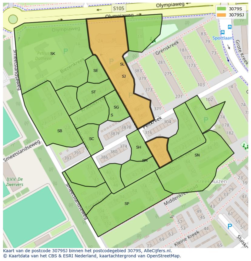 Afbeelding van het postcodegebied 3079 SJ op de kaart.