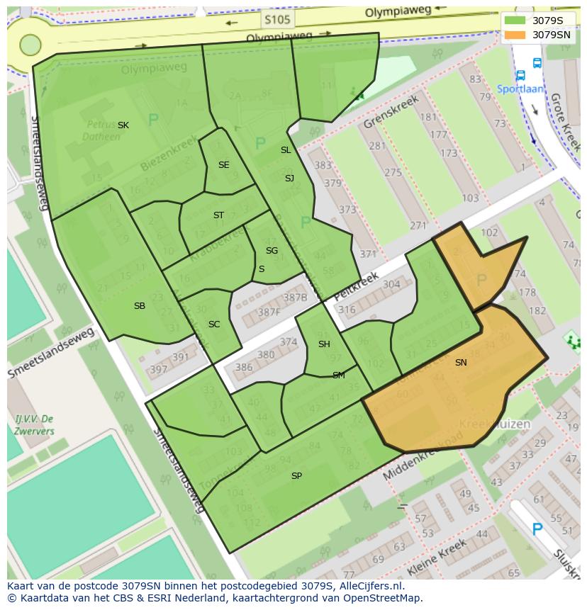 Afbeelding van het postcodegebied 3079 SN op de kaart.