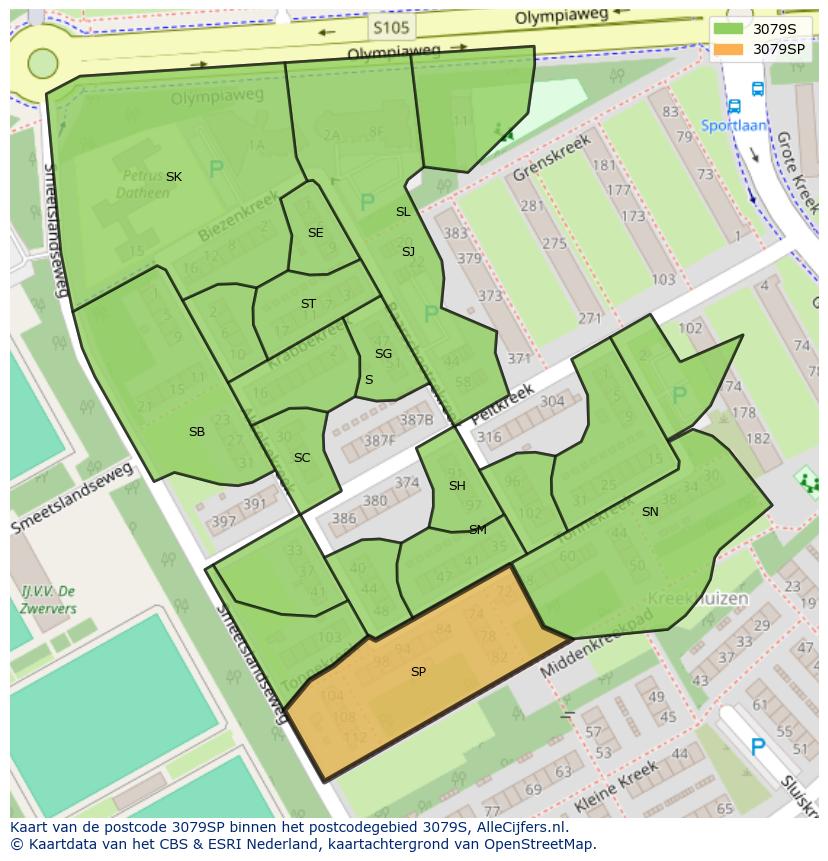 Afbeelding van het postcodegebied 3079 SP op de kaart.