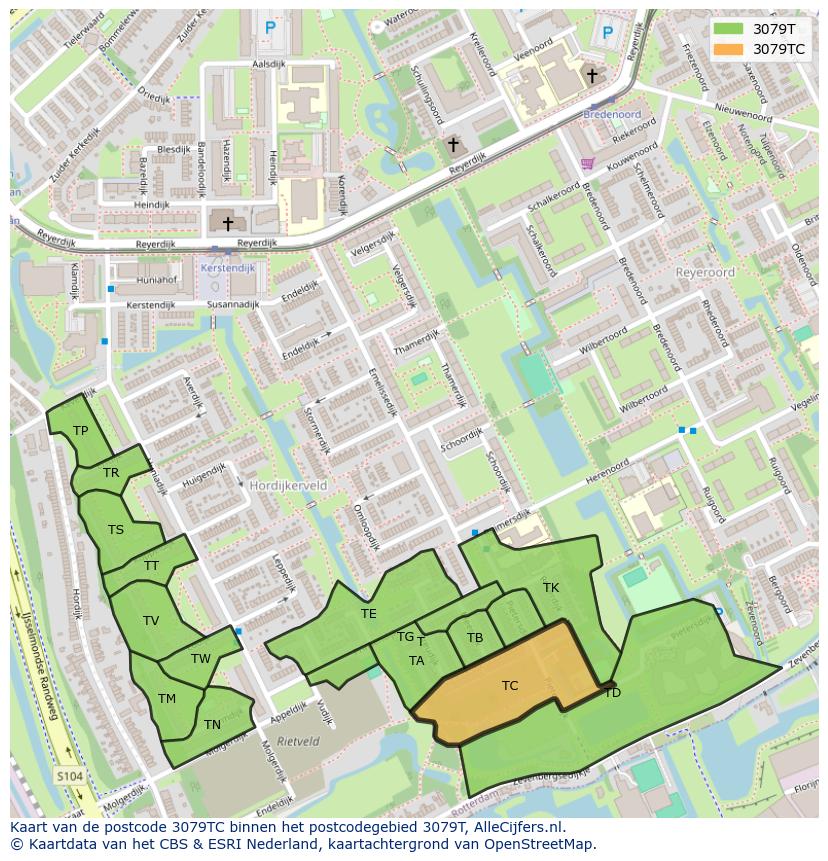 Afbeelding van het postcodegebied 3079 TC op de kaart.