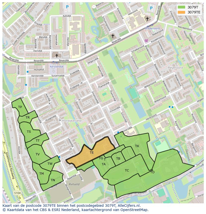 Afbeelding van het postcodegebied 3079 TE op de kaart.
