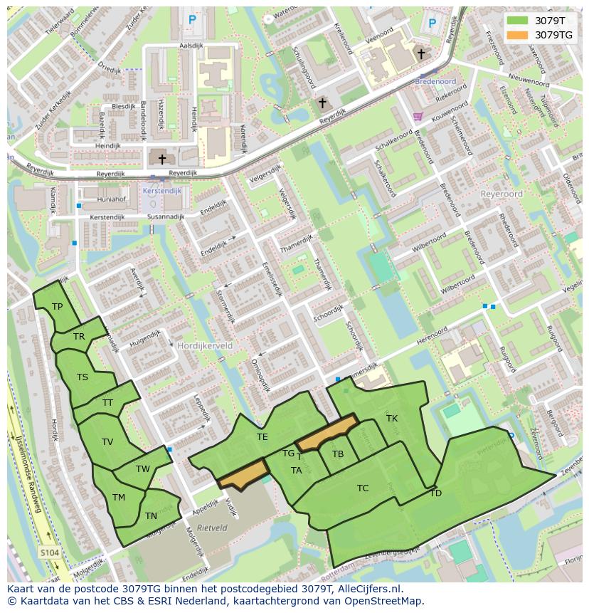 Afbeelding van het postcodegebied 3079 TG op de kaart.
