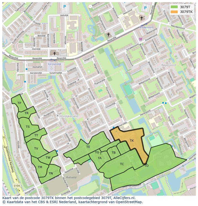 Afbeelding van het postcodegebied 3079 TK op de kaart.