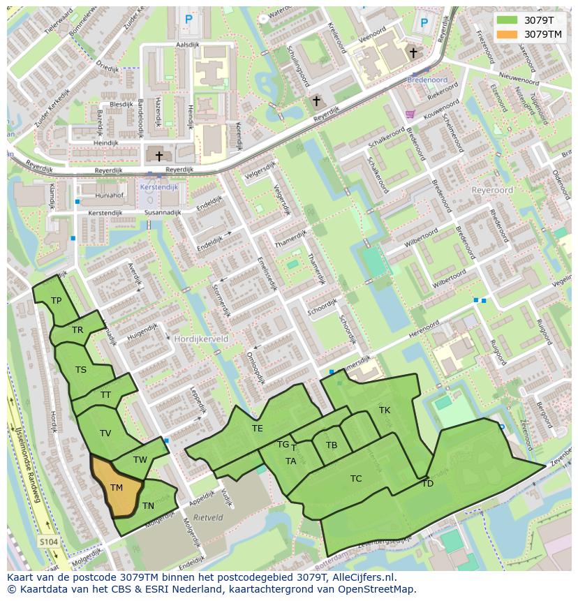 Afbeelding van het postcodegebied 3079 TM op de kaart.