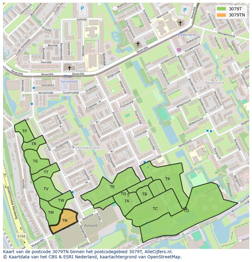 Afbeelding van het postcodegebied 3079 TN op de kaart.