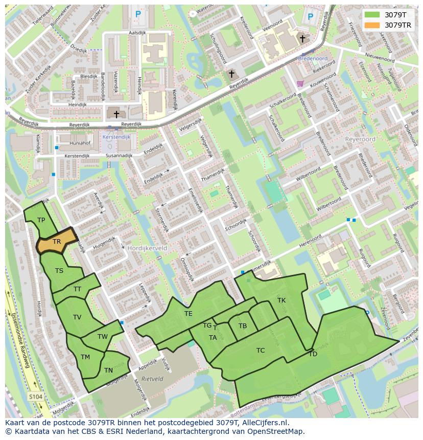 Afbeelding van het postcodegebied 3079 TR op de kaart.
