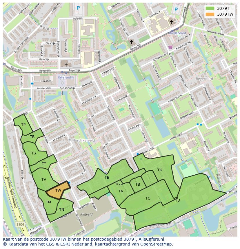 Afbeelding van het postcodegebied 3079 TW op de kaart.