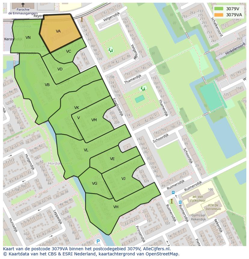 Afbeelding van het postcodegebied 3079 VA op de kaart.