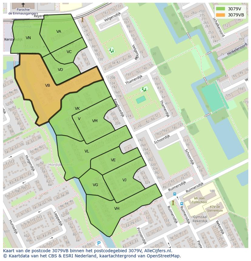 Afbeelding van het postcodegebied 3079 VB op de kaart.
