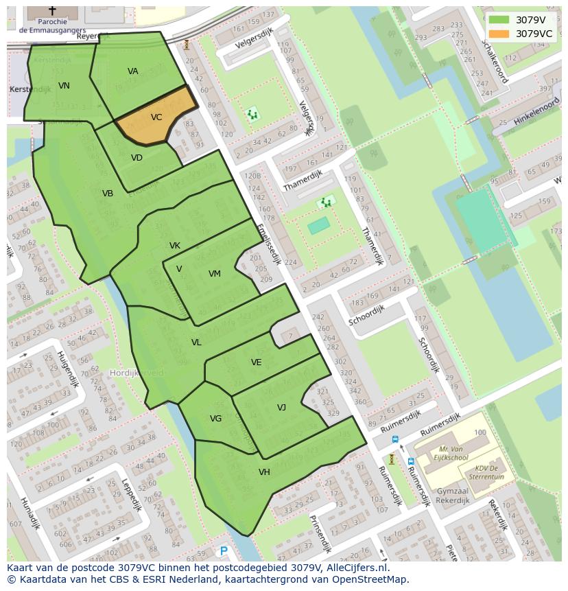 Afbeelding van het postcodegebied 3079 VC op de kaart.